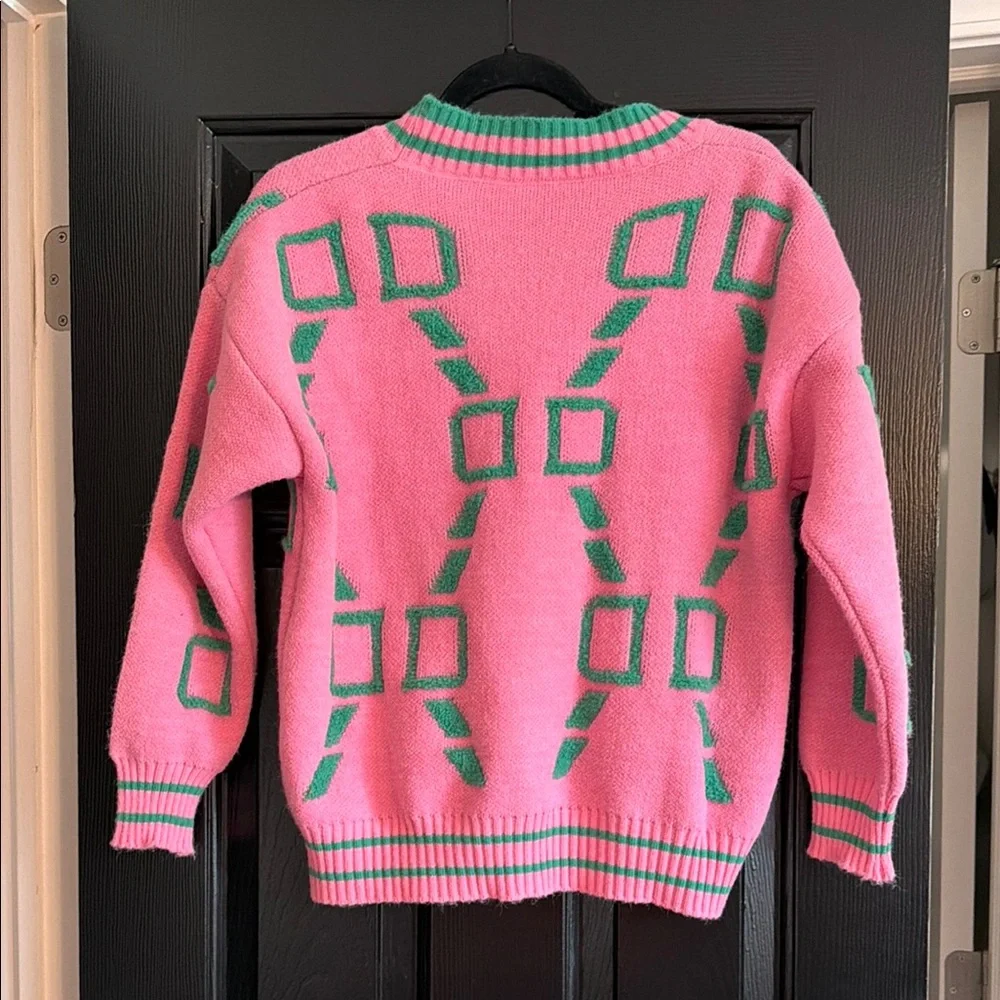 Pink and Green V-Neck Button Cardigan Sweater - Picture 2 of 3